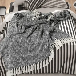 Blankets & Throws-Kirkland's Home Black Chambray Fringe Throw Black/White