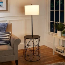 Floor Lamps-Kirkland's Home Black Cross Caged Table Base Floor Lamp White