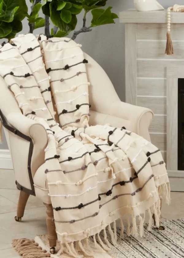 Blankets & Throws-Kirkland's Home Black Gray Dot Striped Throw Blanket Ivory