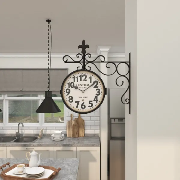 Clocks-Kirkland's Home Black Iron Double Sided Scroll Wall Clock