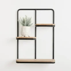 Shelves-Kirkland's Home Black Metal & Natural Wood Rounded Edge Wall Shelf