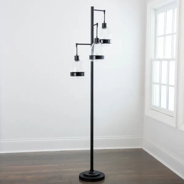 Floor Lamps-Kirkland's Home Black Metal And Glass Globe 3-Arm Floor Lamp Clear