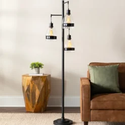 Floor Lamps-Kirkland's Home Black Metal And Glass Globe 3-Arm Floor Lamp Clear
