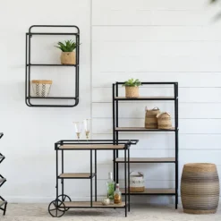 Shelves-Kirkland's Home Black Metal And Wood 3-Tier Wall Shelf