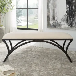 Benches & Ottomans-Kirkland's Home Black Metal Arched Frame Upholstered Bench Ivory