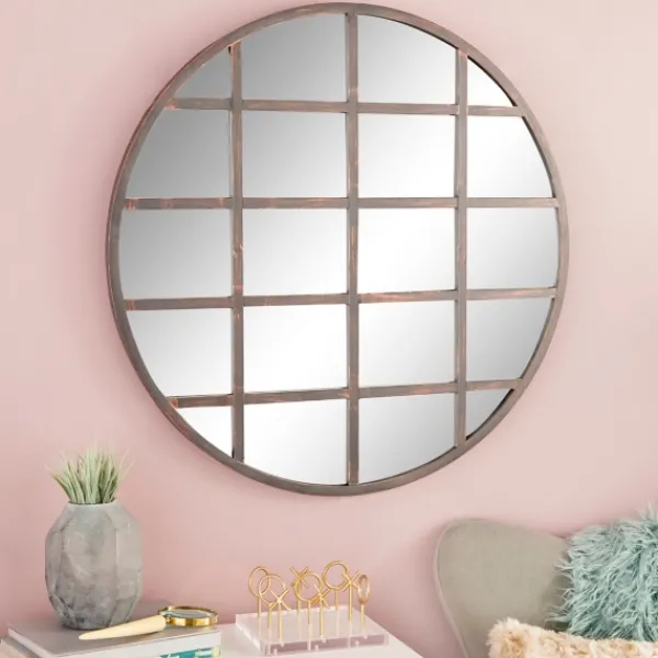 Decorative Mirrors-Kirkland's Home Black Metal Grid Overlay Round Mirror