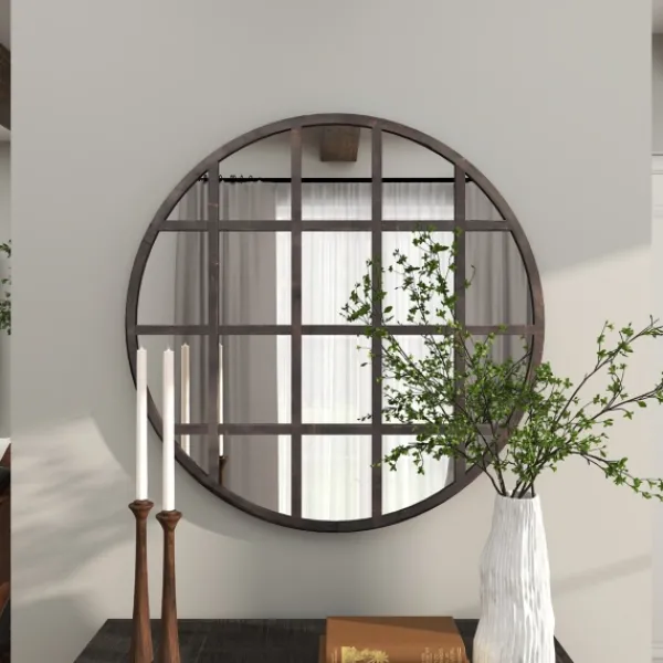 Decorative Mirrors-Kirkland's Home Black Metal Grid Overlay Round Mirror