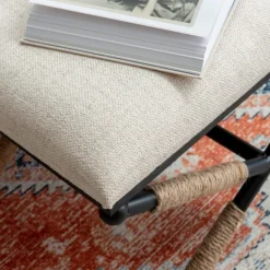 Benches & Ottomans-Kirkland's Home Black Metal Legs Accent Stool With Rope Detail White