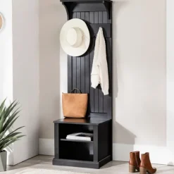 Entryway Furniture-Kirkland's Home Black Pine Wood Grooved Hall Tree