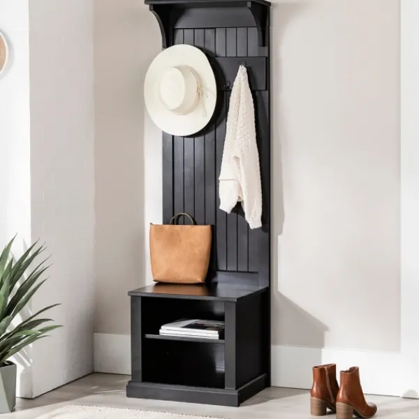 Entryway Furniture-Kirkland's Home Black Pine Wood Grooved Hall Tree