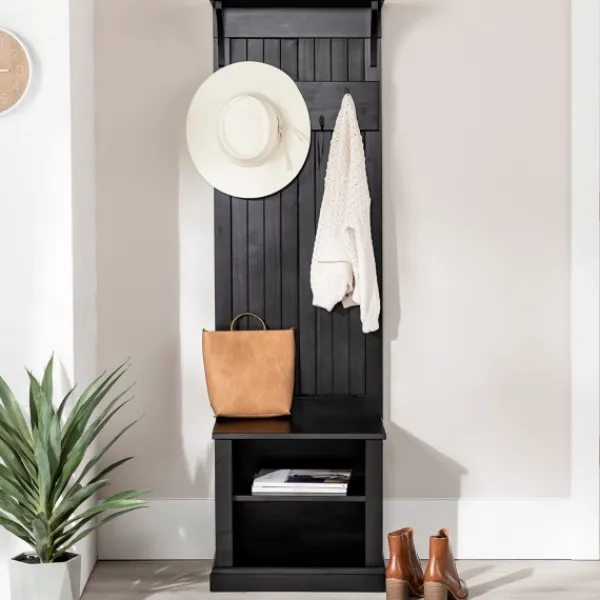 Entryway Furniture-Kirkland's Home Black Pine Wood Grooved Hall Tree