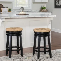 Bar Stools & Counter Height Stools-Kirkland's Home Black Wood Seagrass Seat Swivel Counter Stool Tan
