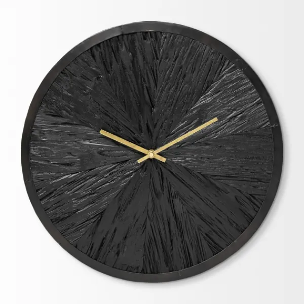 Clocks-Kirkland's Home Black Wood Texture Wall Clock With Gold Hands