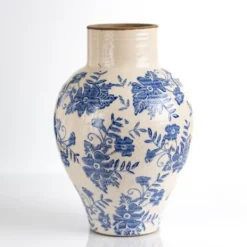 Vases-Kirkland's Home Blue And Cream Vintage Floral Urn Vase, 12 In. Blue/Ivory