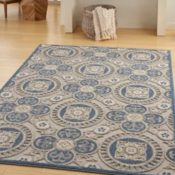 Outdoor Rugs-Kirkland's Home Blue And Gray Medallion Outdoor Area Rug, 6X9 Blue/Gray