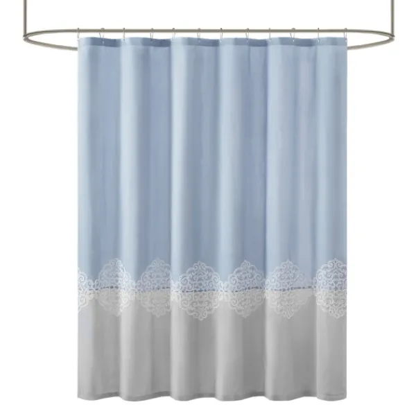 Shower Curtains-Kirkland's Home Blue Block Embroidered Shower Curtain Blue/Gray