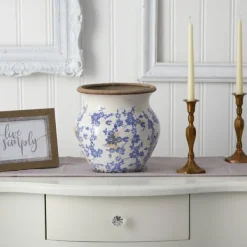 Vases-Kirkland's Home Blue Bulous Floral Scroll Ceramic Vase, 10 In. Blue/White