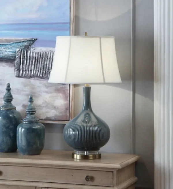 Table Lamps-Kirkland's Home Blue Ceramic Stripe Base Table Lamp White