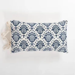 Pillows-Kirkland's Home Blue Damask Print Side Tied Lumbar Pillow Blue/Ivory
