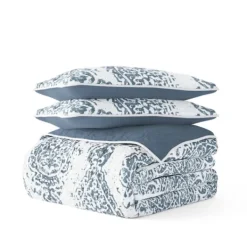 Quilts-Kirkland's Home Blue Damask Reversible 3-Pc. King Quilt Set Blue/White
