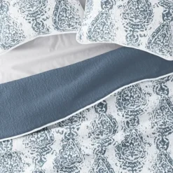 Quilts-Kirkland's Home Blue Damask Reversible 3-Pc. King Quilt Set Blue/White
