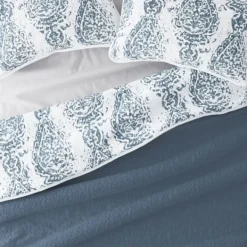 Quilts-Kirkland's Home Blue Damask Reversible 3-Pc. Queen Quilt Set Blue/White