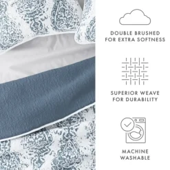 Quilts-Kirkland's Home Blue Damask Reversible 3-Pc. Queen Quilt Set Blue/White