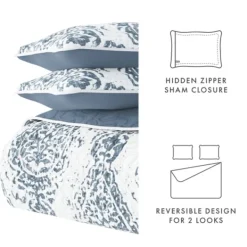 Quilts-Kirkland's Home Blue Damask Reversible 3-Pc. Queen Quilt Set Blue/White