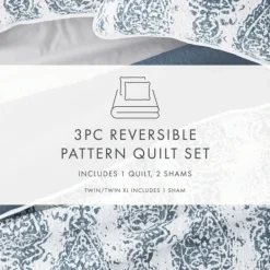 Quilts-Kirkland's Home Blue Damask Reversible 3-Pc. Queen Quilt Set Blue/White