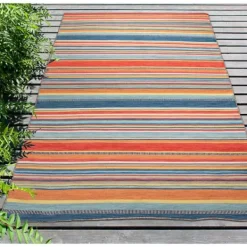 Outdoor Rugs-Kirkland's Home Blue Dhurri Stripe Indoor/Outdoor Area Rug, 7X9 Blue/White/Gray