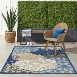 Outdoor Rugs-Kirkland's Home Blue Floral Burst Outdoor Area Rug, 6X9 Blue/Gray