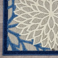 Outdoor Rugs-Kirkland's Home Blue Floral Burst Round Outdoor Area Rug, 7X7 Tan/Blue/White