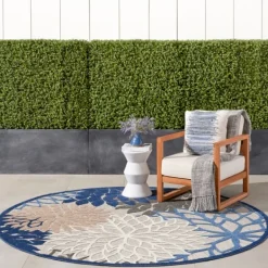 Outdoor Rugs-Kirkland's Home Blue Floral Burst Round Outdoor Area Rug, 7X7 Tan/Blue/White