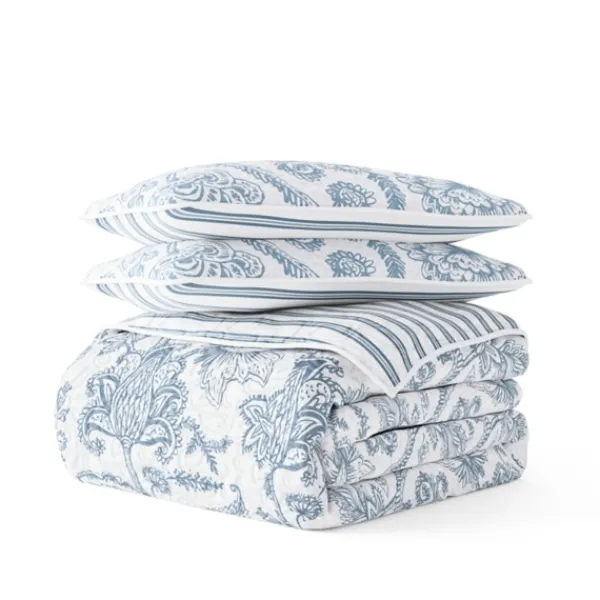 Quilts-Kirkland's Home Blue Jacobean Reversible 3-Pc. Queen Quilt Set Blue/White