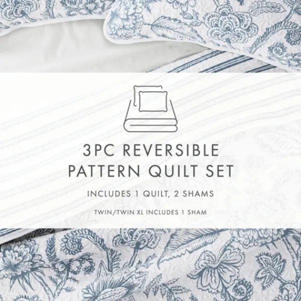Quilts-Kirkland's Home Blue Jacobean Reversible 3-Pc. Queen Quilt Set Blue/White