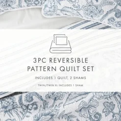 Quilts-Kirkland's Home Blue Jacobean Reversible 3-Pc. King Quilt Set Blue/White