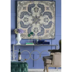 Wall Plaques-Kirkland's Home Blue Medallion Tile Fir Wood Wall Plaque Tan/Blue/Gray