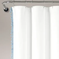 Shower Curtains-Kirkland's Home Blue Melora Tasseled Border Shower Curtain Blue/White