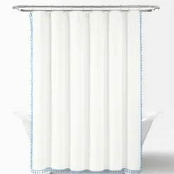 Shower Curtains-Kirkland's Home Blue Melora Tasseled Border Shower Curtain Blue/White