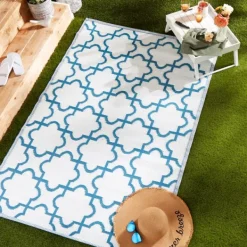 Outdoor Rugs-Kirkland's Home Blue Moroccan Trellis Outdoor Area Rug, 4X6 Blue/White