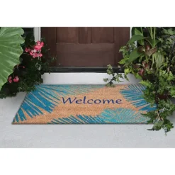 Doormats-Kirkland's Home Blue Palm Fronds Welcome Coir Doormat Tan/Blue