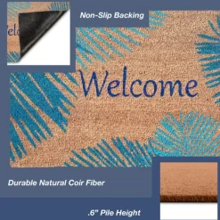 Doormats-Kirkland's Home Blue Palm Fronds Welcome Coir Doormat Tan/Blue