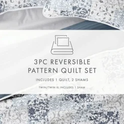 Quilts-Kirkland's Home Blue Patchwork Reversible 3-Pc. Queen Quilt Set Blue/White/Gray