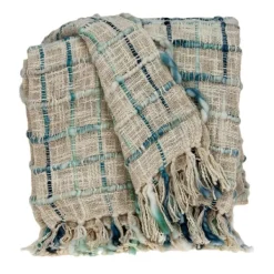 Blankets & Throws-Kirkland's Home Blue Primitive Squares Handloomed Throw Blanket Blue/Tan/Green