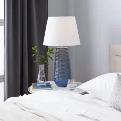 Table Lamps-Kirkland's Home Blue Ribbed Stoneware Table Lamp White