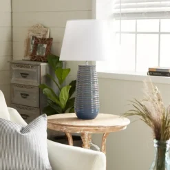 Table Lamps-Kirkland's Home Blue Ribbed Stoneware Table Lamp White