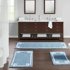 Bathroom Rugs-Kirkland's Home Blue Simple Trim Cotton Tufted Bath Mat, 30 In. Blue/White