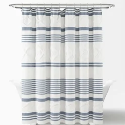 Shower Curtains-Kirkland's Home Blue Stripe Diamond Tufted Shower Curtain Blue/White