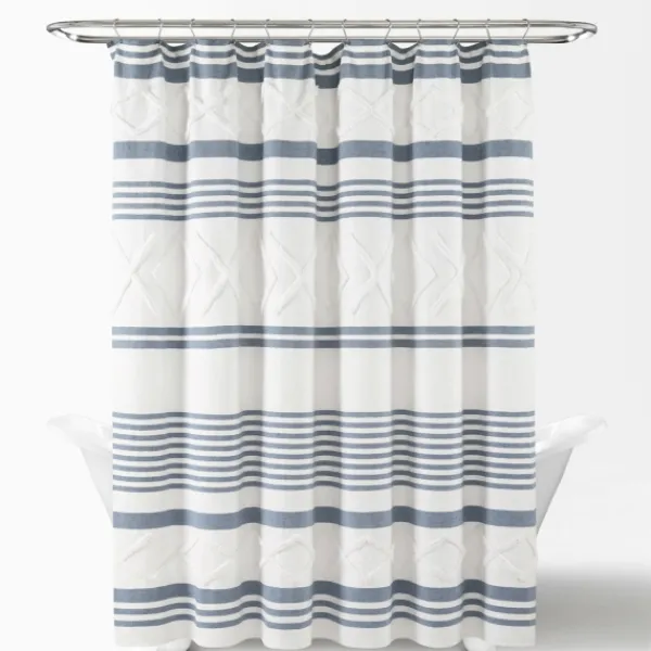 Shower Curtains-Kirkland's Home Blue Stripe Diamond Tufted Shower Curtain Blue/White