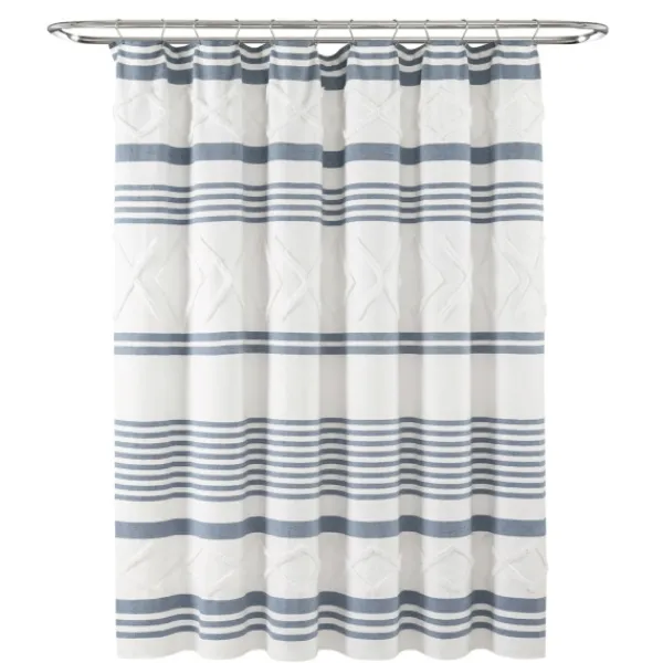 Shower Curtains-Kirkland's Home Blue Stripe Diamond Tufted Shower Curtain Blue/White